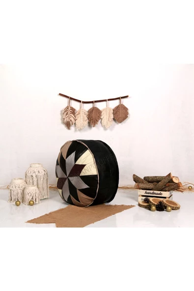 Şok Fiyat Açılışa Özel %50 Off! Art Deco El Yapımı Hakiki Deri Orijinal Bohem Ottoman Puf Minder60cm - Resim 2