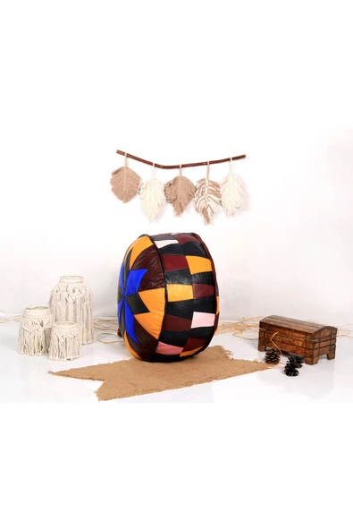 Dolgulu! Art Deco Iskandinav El Yapımı Hakiki Deri Orijinal Bohem Ottoman Puf Yer Minderi 60x30cm - Resim 2