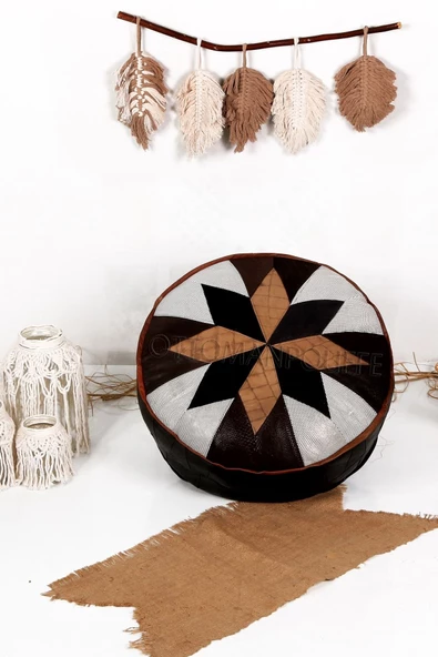 Dolgulu! Art Deco Iskandinav El Yapımı Hakiki Deri Orijinal Bohem Ottoman Puf Yer Minderi 60x30cm
