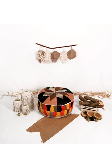 Şok Fiyat Açılışa Özel %50 Off! Art Deco El Yapımı Hakiki Deri Orijinal Bohem Ottoman Puf Minder60cm - 2