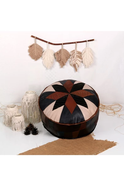 Dolgulu! Art Deco Iskandinav El Yapımı Hakiki Deri Orijinal Bohem Ottoman Puf Yer Minderi 60x30cm - 2