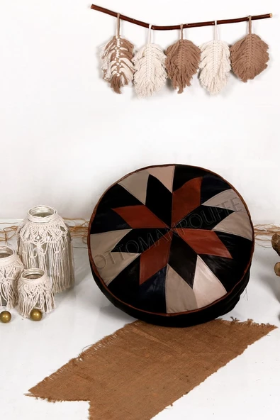 Şok Fiyat Açılışa Özel %50 Off! Art Deco El Yapımı Hakiki Deri Orijinal Bohem Ottoman Puf Minder60cm ürün görseli 1