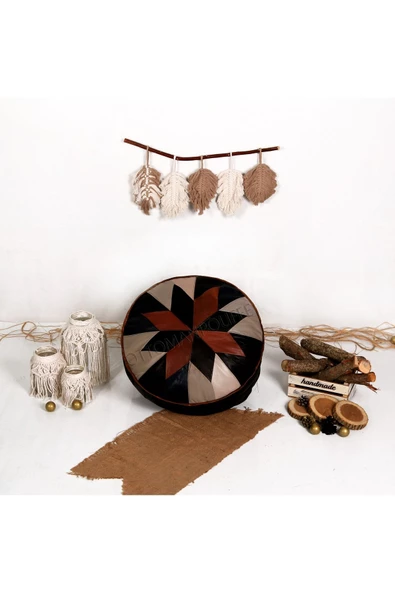 Şok Fiyat Açılışa Özel %50 Off! Art Deco El Yapımı Hakiki Deri Orijinal Bohem Ottoman Puf Minder60cm - Resim 3