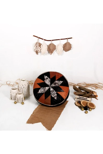 Şok Fiyat Açılışa Özel %50 Off! Art Deco El Yapımı Hakiki Deri Orijinal Bohem Ottoman Puf Minder60cm - Resim 4