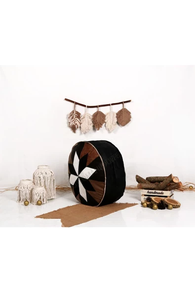 Dolgulu! Art Deco Iskandinav El Yapımı Hakiki Deri Orijinal Bohem Ottoman Puf Yer Minderi 60x30cm - Resim 2