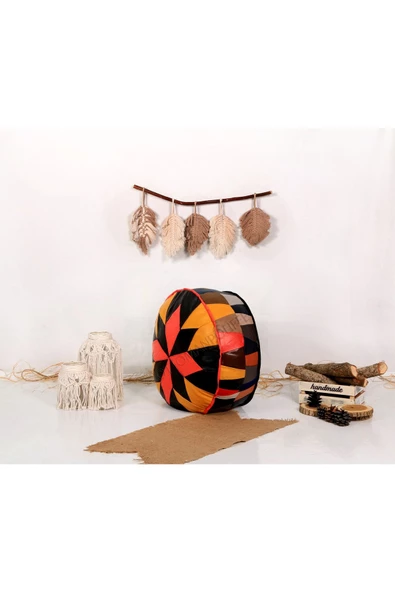 Dolgulu! Art Deco Iskandinav El Yapımı Hakiki Deri Orijinal Bohem Ottoman Puf Yer Minderi 60x30cm - 3