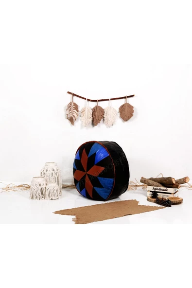 Dolgulu! Art Deco Iskandinav El Yapımı Hakiki Deri Orijinal Bohem Ottoman Puf Yer Minderi 60x30cm - Resim 2