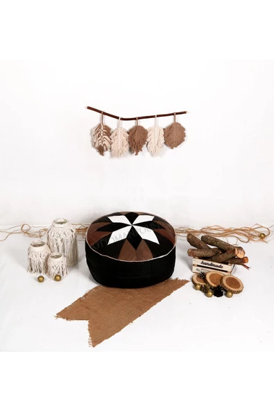 Dolgulu! Art Deco Iskandinav El Yapımı Hakiki Deri Orijinal Bohem Ottoman Puf Yer Minderi 60x30cm - Resim 3