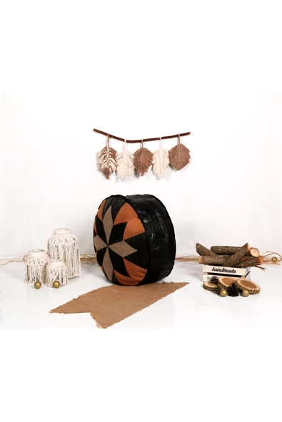 Şok Fiyat Açılışa Özel %50 Off! Art Deco El Yapımı Hakiki Deri Orijinal Bohem Ottoman Puf Minder60cm - Resim 2