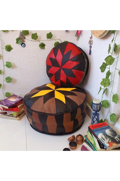 İskandinav El Yapımı Hakiki Deri Orijinal Bohem Ottoman 'ikili Set' Puf Minder 60x30 Cm (DOLGULU) ürün görseli 1
