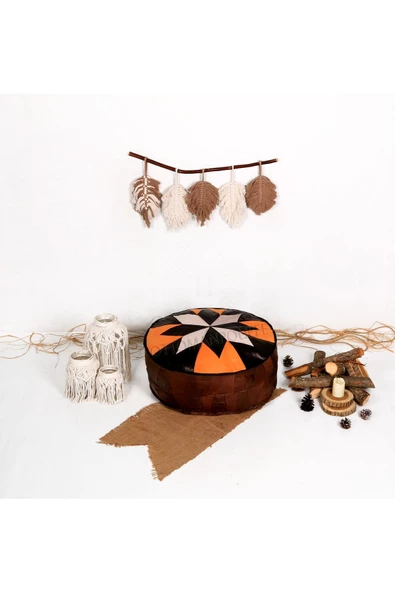 Açılışa Özel Dolgulu ! El Yapımı Hakiki Deri Orijinal Bohem Ottoman Puf Yer Minderi 60x30cm - 2