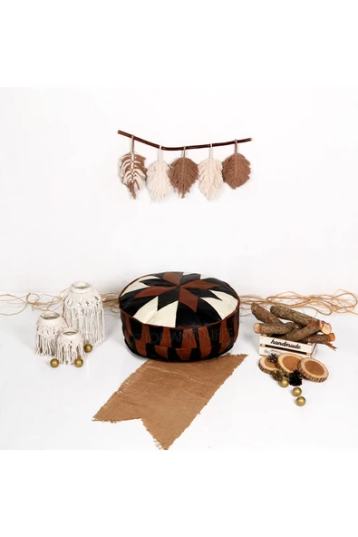 Açılışa Özel Dolgulu ! El Yapımı Hakiki Deri Orijinal Bohem Ottoman Puf Yer Minderi 60x30cm - Resim 3