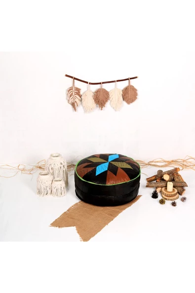 Şok Fiyat Açılışa Özel %50 Off! Art Deco El Yapımı Hakiki Deri Orijinal Bohem Ottoman Puf Minder60cm - Resim 3