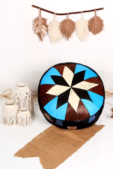 Açılışa Özel Dolgulu ! El Yapımı Hakiki Deri Orijinal Bohem Ottoman Puf Yer Minderi 60x30cm ürün görseli