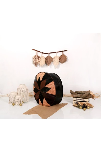 Açılışa Özel Dolgulu ! El Yapımı Hakiki Deri Orijinal Bohem Ottoman Puf Yer Minderi 60x30cm - Resim 3