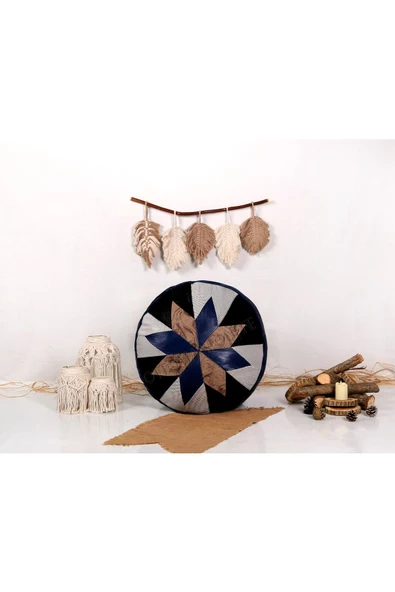 Art Deco El Yapımı Hakiki Deri Orijinal Bohem Ottoman Puf Minder60cm - Resim 5