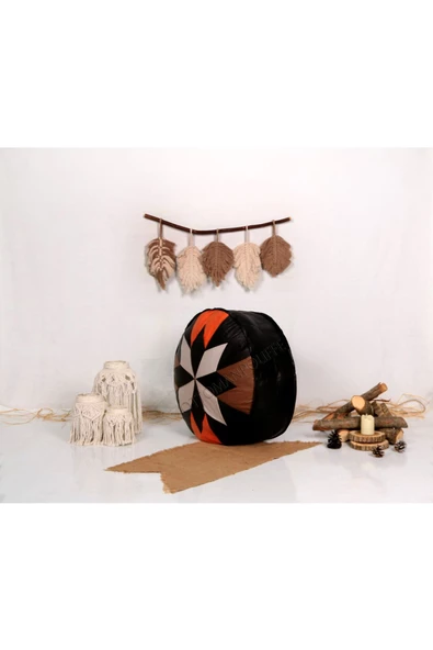 Dolgulu ! Art Deco El Yapımı Hakiki Deri Orijinal Bohem Ottoman Puf Yer Minderi 60x30cm - Resim 3