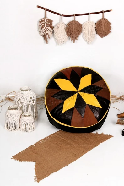 Şok Fiyat Açılışa Özel %50 Off! Art Deco El Yapımı Hakiki Deri Orijinal Bohem Ottoman Puf Minder60cm - Resim 6