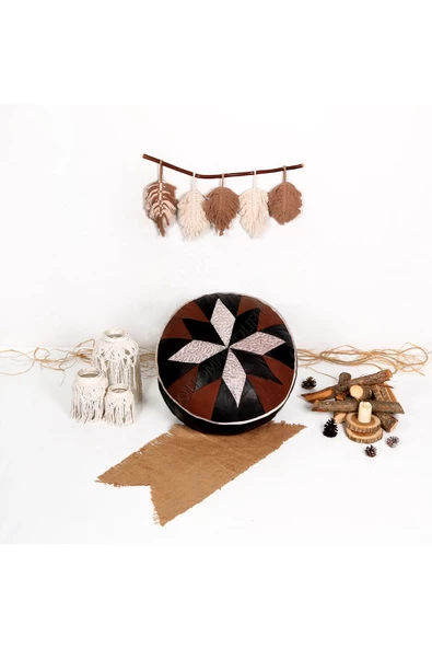 Açılışa Özel Dolgulu ! El Yapımı Hakiki Deri Orijinal Bohem Ottoman Puf Yer Minderi 60x30cm - 4