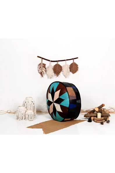 Açılışa Özel Dolgulu ! El Yapımı Hakiki Deri Orijinal Bohem Ottoman Puf Yer Minderi 60x30cm - Resim 2