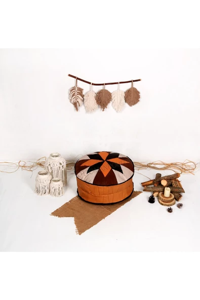 Açılışa Özel Dolgulu ! El Yapımı Hakiki Deri Orijinal Bohem Ottoman Puf Yer Minderi 60x30cm - Resim 2