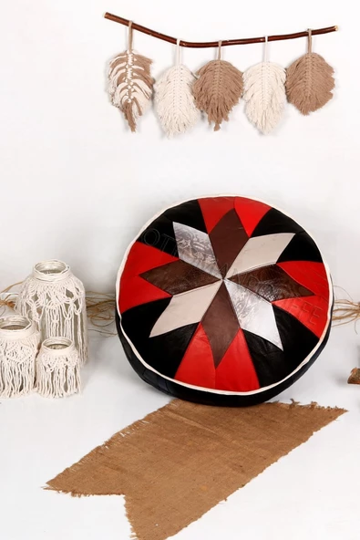 Açılışa Özel Dolgulu ! El Yapımı Hakiki Deri Orijinal Bohem Ottoman Puf Yer Minderi 60x30cm ürün görseli