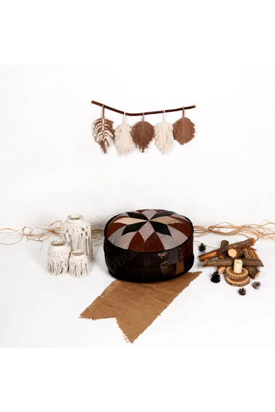 Şok Fiyat Açılışa Özel %50 Off! Art Deco El Yapımı Hakiki Deri Orijinal Bohem Ottoman Puf Minder60cm - Resim 2