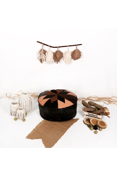 Açılışa Özel Dolgulu ! El Yapımı Hakiki Deri Orijinal Bohem Ottoman Puf Yer Minderi 60x30cm - Resim 2