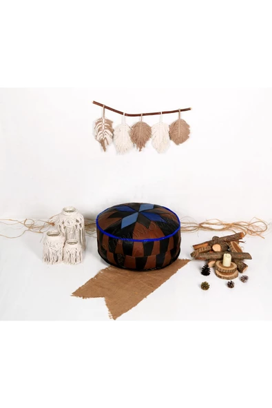 Açılışa Özel Dolgulu ! El Yapımı Hakiki Deri Orijinal Bohem Ottoman Puf Yer Minderi 60x30cm - Resim 4