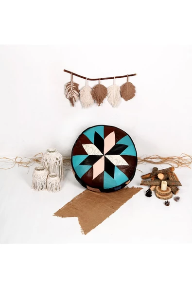 Açılışa Özel Dolgulu ! El Yapımı Hakiki Deri Orijinal Bohem Ottoman Puf Yer Minderi 60x30cm - Resim 4