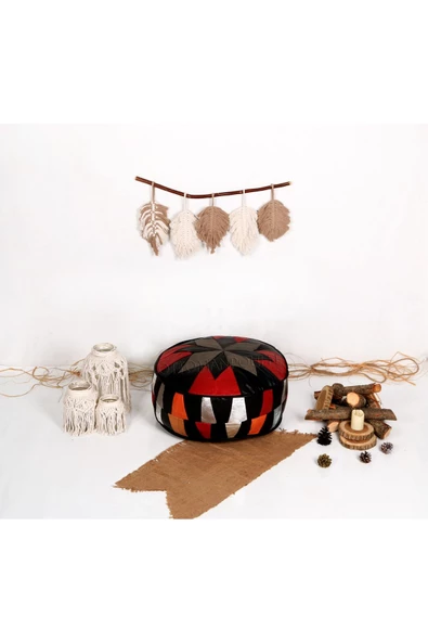 Açılışa Özel Dolgulu ! El Yapımı Hakiki Deri Orijinal Bohem Ottoman Puf Yer Minderi 60x30cm - 2