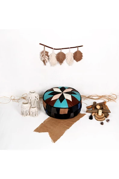 Açılışa Özel Dolgulu ! El Yapımı Hakiki Deri Orijinal Bohem Ottoman Puf Yer Minderi 60x30cm - Resim 3