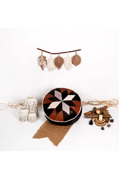 Şok Fiyat Açılışa Özel %50 Off! Art Deco El Yapımı Hakiki Deri Orijinal Bohem Ottoman Puf Minder60cm - Resim 5