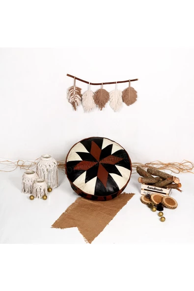 Açılışa Özel Dolgulu ! El Yapımı Hakiki Deri Orijinal Bohem Ottoman Puf Yer Minderi 60x30cm - Resim 4