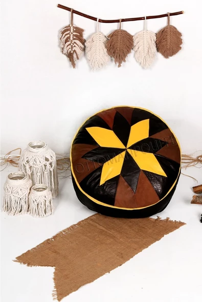 Şok Fiyat Açılışa Özel %50 Off! Art Deco El Yapımı Hakiki Deri Orijinal Bohem Ottoman Puf Minder60cm ürün görseli 1