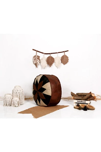 Şok Fiyat Açılışa Özel %50 Off! Art Deco El Yapımı Hakiki Deri Orijinal Bohem Ottoman Puf Minder60cm - 2