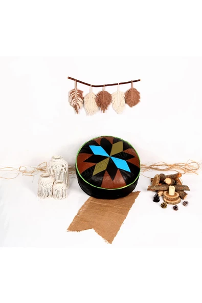 Şok Fiyat Açılışa Özel %50 Off! Art Deco El Yapımı Hakiki Deri Orijinal Bohem Ottoman Puf Minder60cm - Resim 5