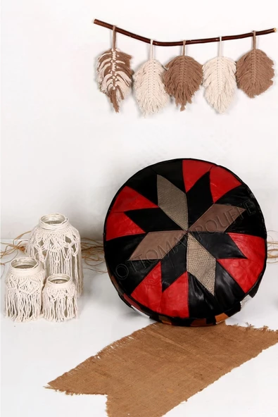 Açılışa Özel Dolgulu ! El Yapımı Hakiki Deri Orijinal Bohem Ottoman Puf Yer Minder 60x30cm - 6