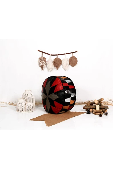 Açılışa Özel Dolgulu ! El Yapımı Hakiki Deri Orijinal Bohem Ottoman Puf Yer Minderi 60x30cm - 3