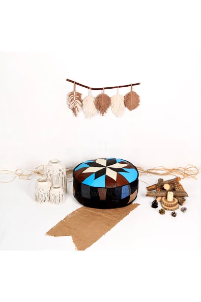 Açılışa Özel Dolgulu ! El Yapımı Hakiki Deri Orijinal Bohem Ottoman Puf Yer Minderi 60x30cm - Resim 4