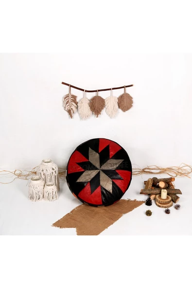 Açılışa Özel Dolgulu ! El Yapımı Hakiki Deri Orijinal Bohem Ottoman Puf Yer Minderi 60x30cm - 4