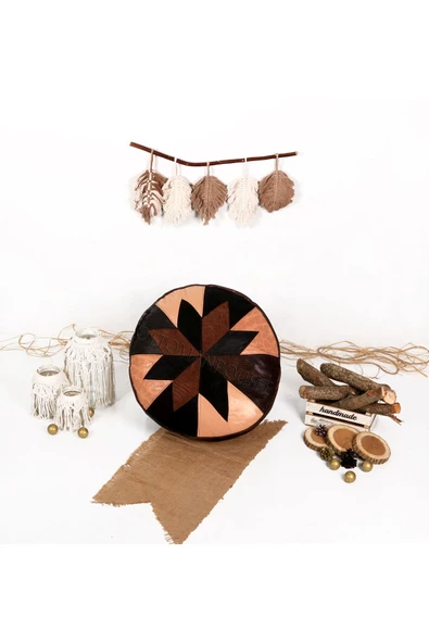 Açılışa Özel Dolgulu ! El Yapımı Hakiki Deri Orijinal Bohem Ottoman Puf Yer Minderi 60x30cm - Resim 4