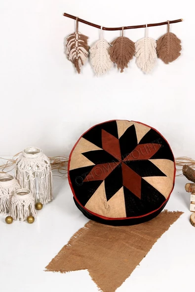 Açılışa Özel Dolgulu ! El Yapımı Hakiki Deri Orijinal Bohem Ottoman Puf Yer Minderi 60x30cm ürün görseli 1