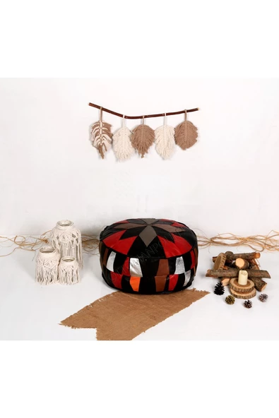 Açılışa Özel Dolgulu ! El Yapımı Hakiki Deri Orijinal Bohem Ottoman Puf Yer Minder 60x30cm - 2