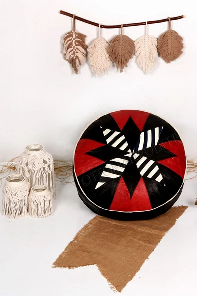 Şok Fiyat Açılışa Özel %50 Off! Art Deco El Yapımı Hakiki Deri Orijinal Bohem Ottoman Puf Minder60cm ürün görseli 1