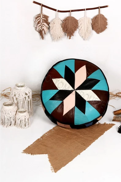 Açılışa Özel Dolgulu ! El Yapımı Hakiki Deri Orijinal Bohem Ottoman Puf Yer Minderi 60x30cm - Resim 6