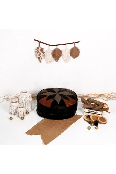 Şok Fiyat Açılışa Özel %50 Off! Art Deco El Yapımı Hakiki Deri Orijinal Bohem Ottoman Puf Minder60cm - 2