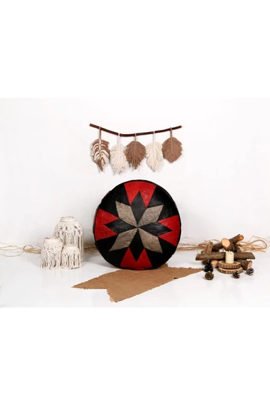 Açılışa Özel Dolgulu ! El Yapımı Hakiki Deri Orijinal Bohem Ottoman Puf Yer Minderi 60x30cm - 5