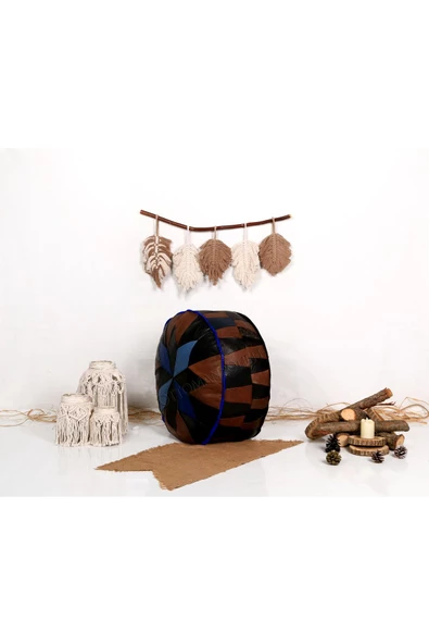 Açılışa Özel Dolgulu ! El Yapımı Hakiki Deri Orijinal Bohem Ottoman Puf Yer Minderi 60x30cm - Resim 2