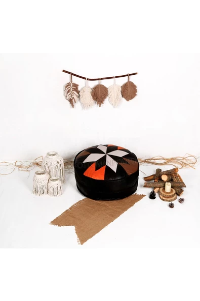 Dolgulu ! Art Deco El Yapımı Hakiki Deri Orijinal Bohem Ottoman Puf Yer Minderi 60x30cm - Resim 2